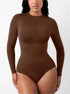 Long-Sleeve Brown Crewneck Bodysuit - Women's Slim Fit
